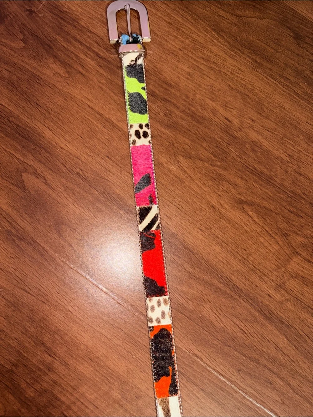 Cache 90s Y2K Rainbow Calf Hair Belt Mix Animal Print Beaded Edge Silver Buckle